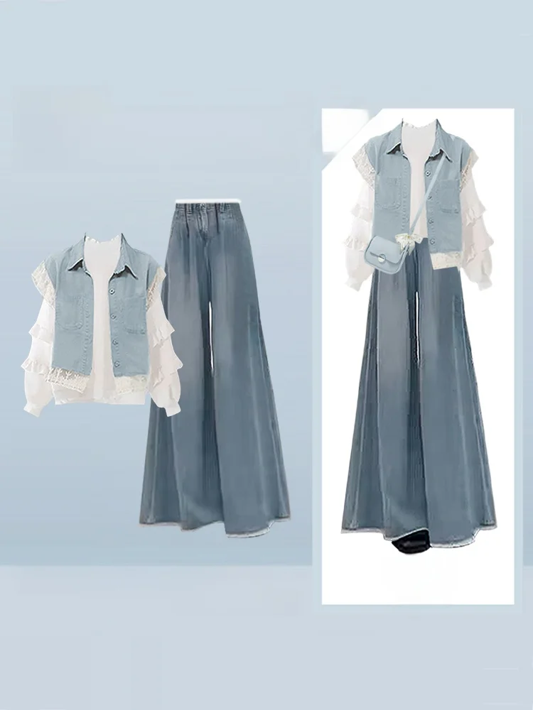 

Зимний антивозрастной женский повседневный джинсовый жилет и брюки большого размера, комплект из футболки, длинные брюки с высокой талией, груша, апей, подходит