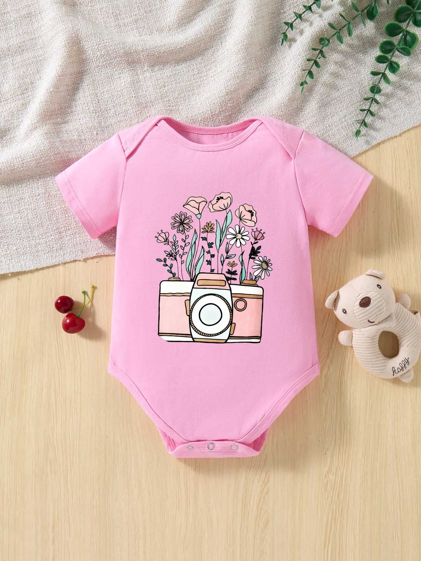

​ Детское боди с короткими рукавами, винтажная камера с цветочным принтом для новорожденных мальчиков и девочек, идея подарка на фото ​