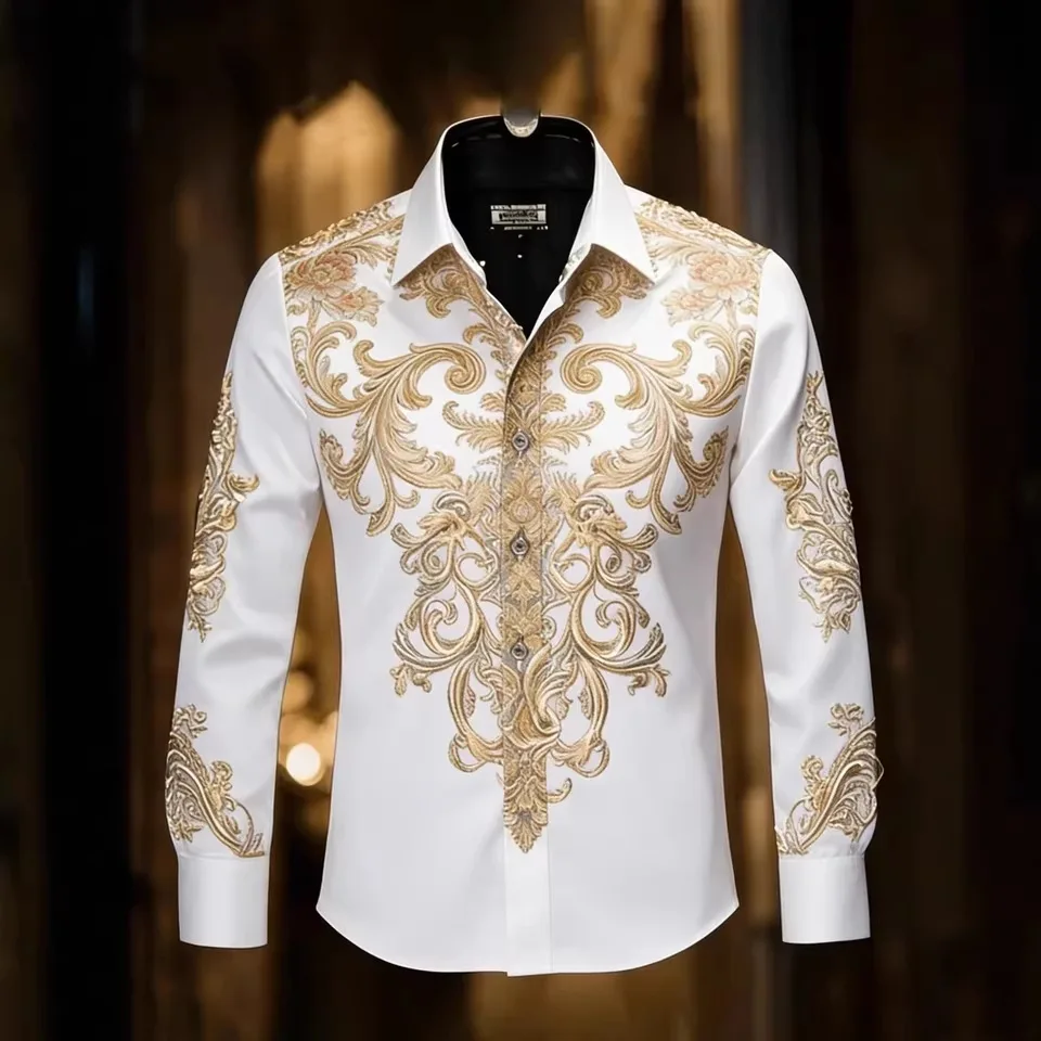 New Men's Shirt Retro Fashion Classic Shirt with high-quality and Casual Long sleeved Shirt Top Men's Ethnic Print Party Shirt