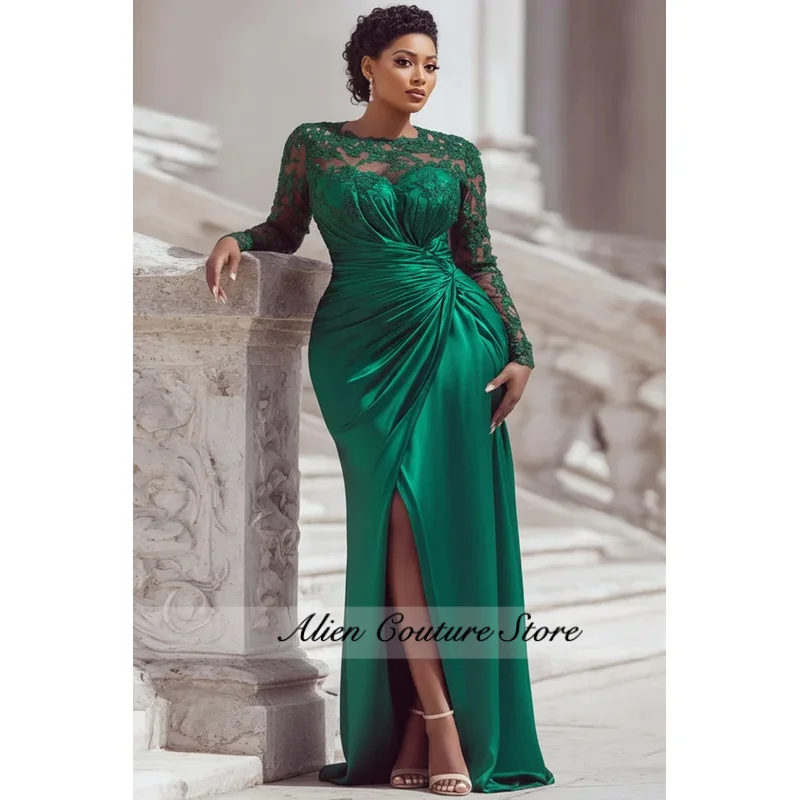 Satin Lace Mermaid Maxi Evening Gown Long Sleeve Twist Waist Slit Formal Dress Women Plus Size Wedding Guest Prom Dress