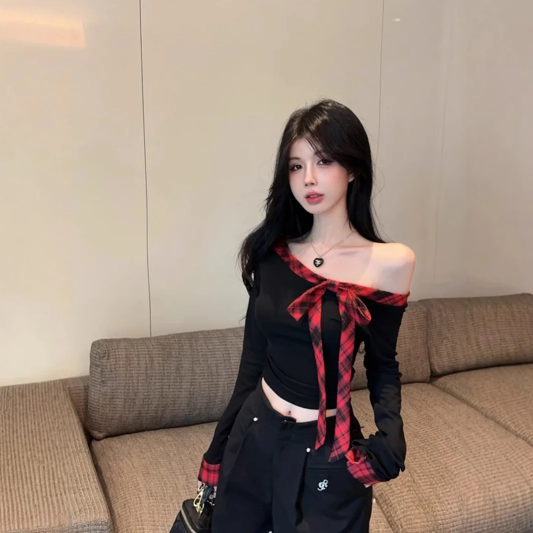 

Высокое качество, хит продаж, оптовая продажа, футболка с наклонными плечами и длинными рукавами, женская осенне-зимняя новая базовая рубашка, короткий топ Y2K