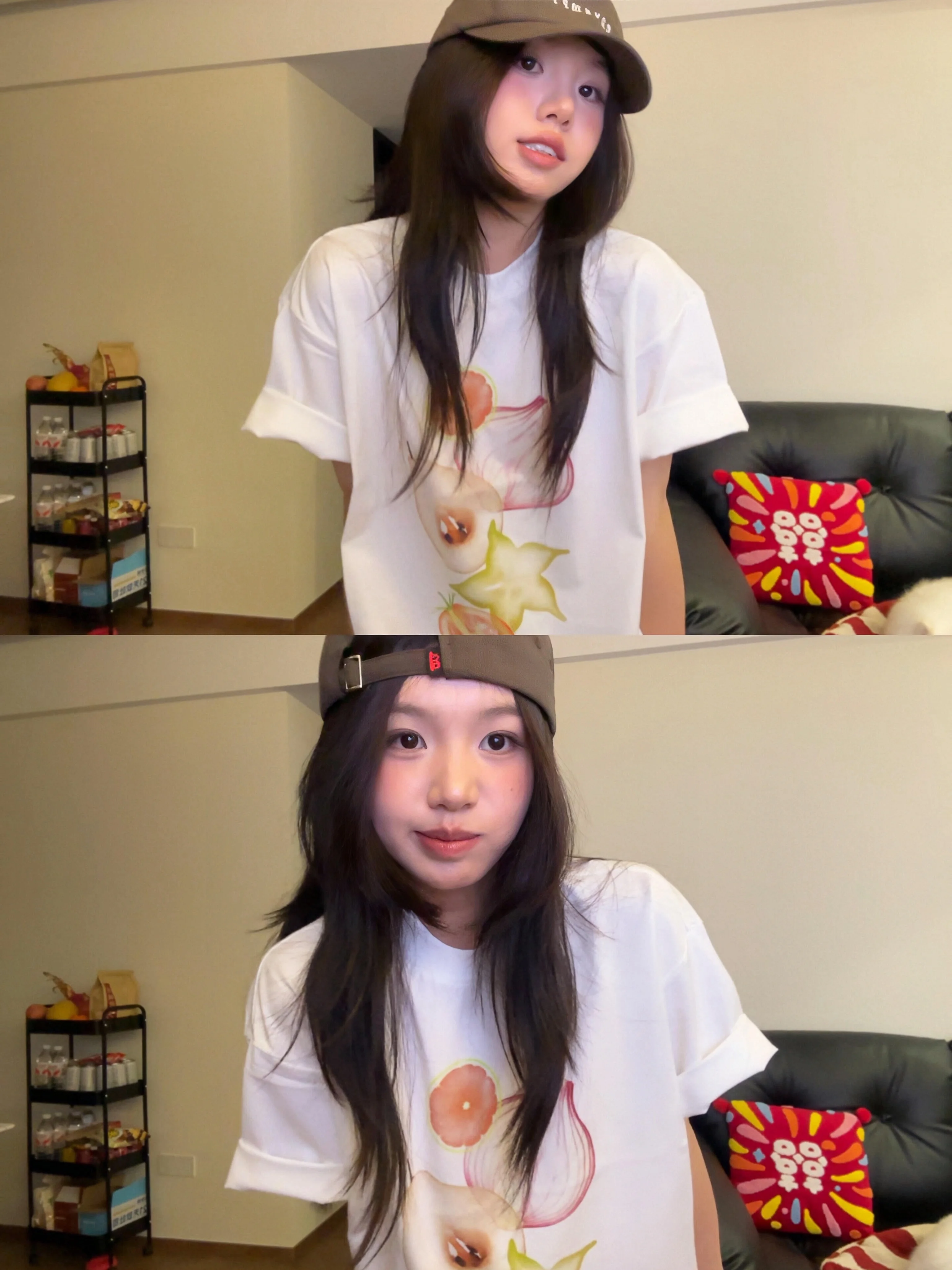 Loose Sakura Model White Short Sleeve T-Shirt Summer Fruit Vegetable Slice Print Korean Style Girls' Cotton round Neck Top