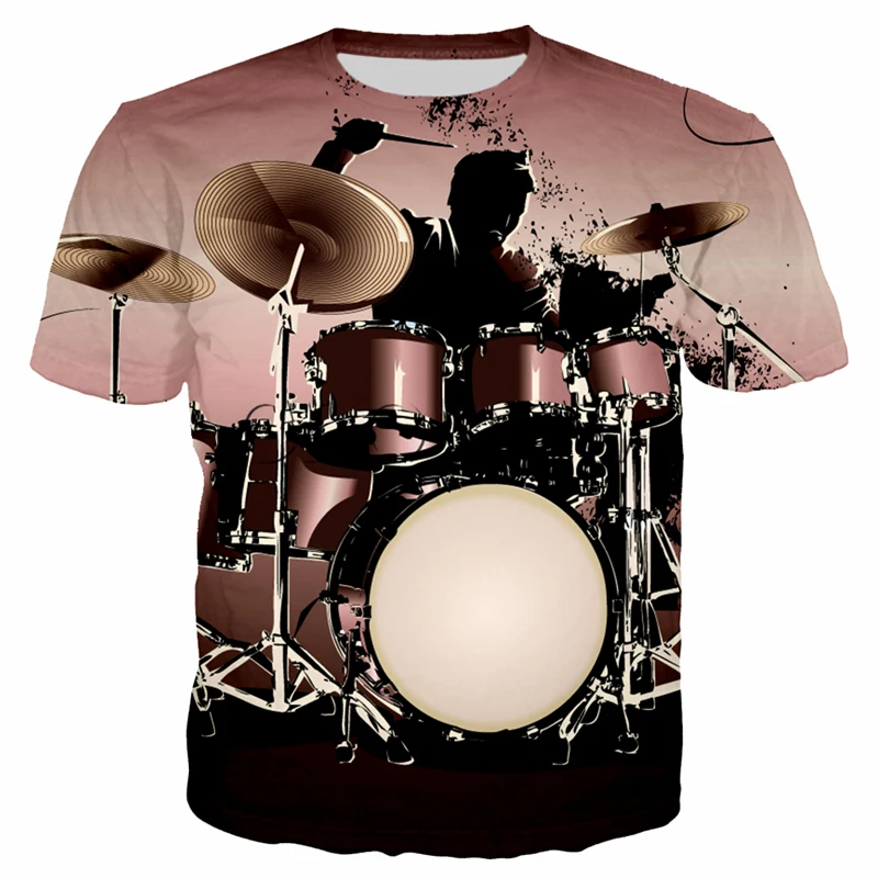 New Summer Leisure Fashion DJ Clothing Drum Set Pattern Men T-Shirts 3D Print Hip Hop Tees Round Neck Short Sleeve Tops