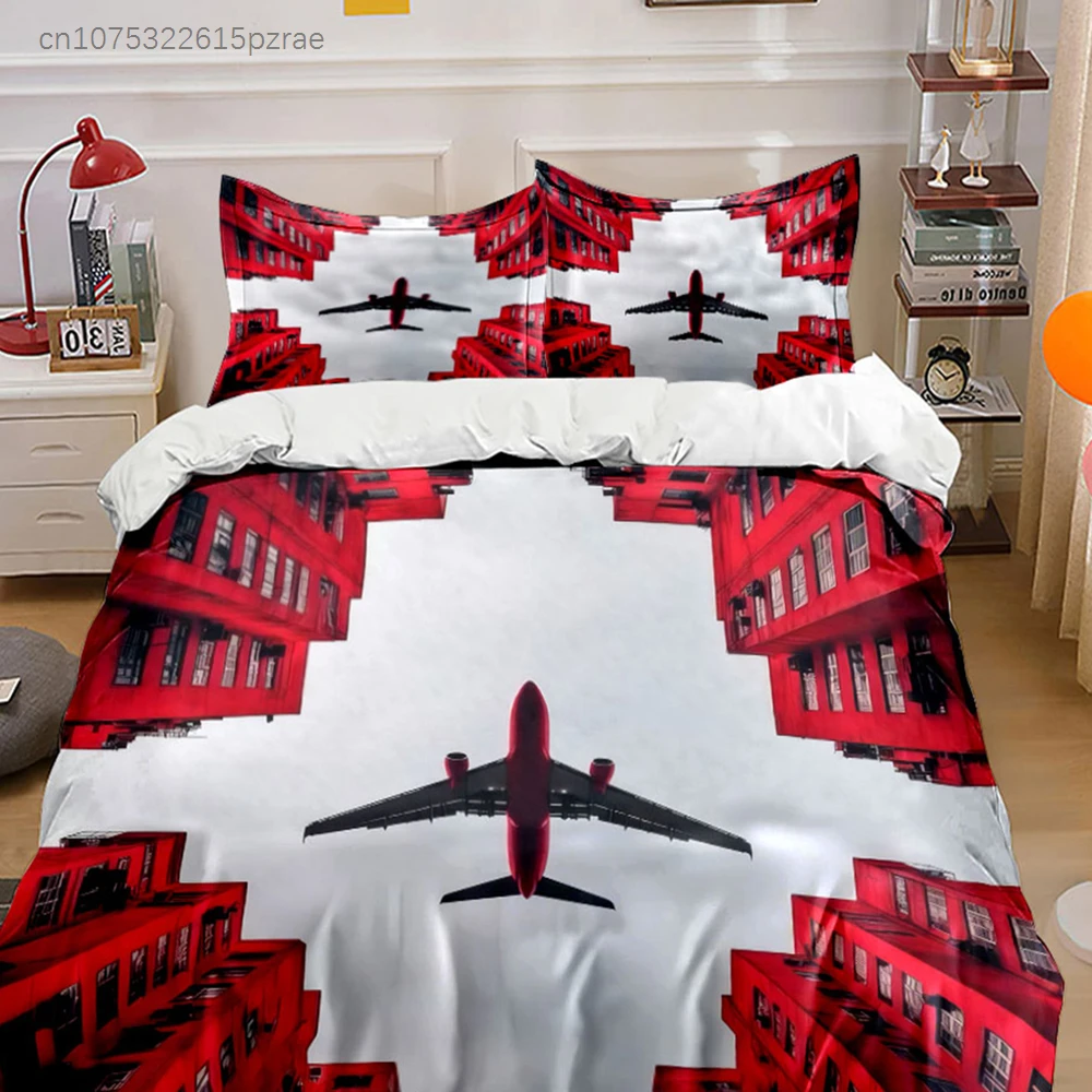 Aesthetic Red Plane Urban View 3PCS Bedding Set Soft Microfiber Bedding Set For Modern & Travel Themed Room Decor