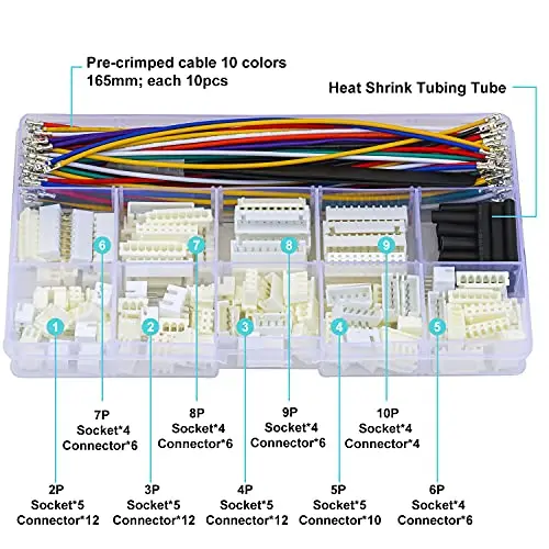 XH 2.54mm JST Connector Socket Kit with Pre-Crimped Cables Wire 2/3/4/5/6/7/8/9/10 Pin Housing 22AWG Wire 10 Colors