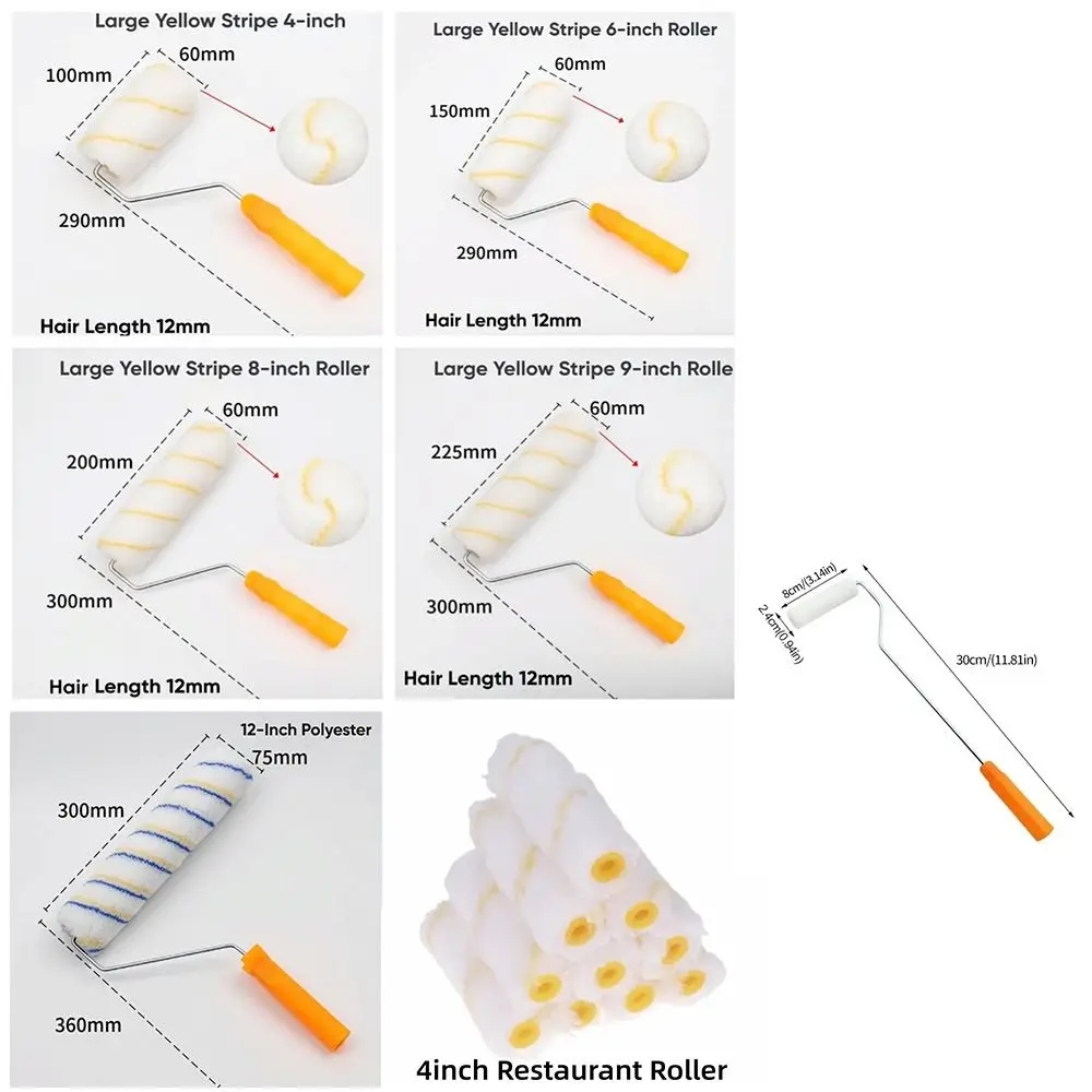 1Set/11PCS 4-12 Inch Roller Brush Long-Haired 360° Rotation Paint Roller Kit Polyester Blend Replaceable Brush Head