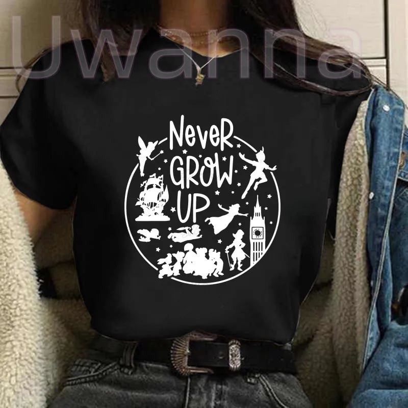 Camiseta estampada do Peter Pan das mulheres, tops vintage casual, letra nunca cresce, fofa moda kawaii