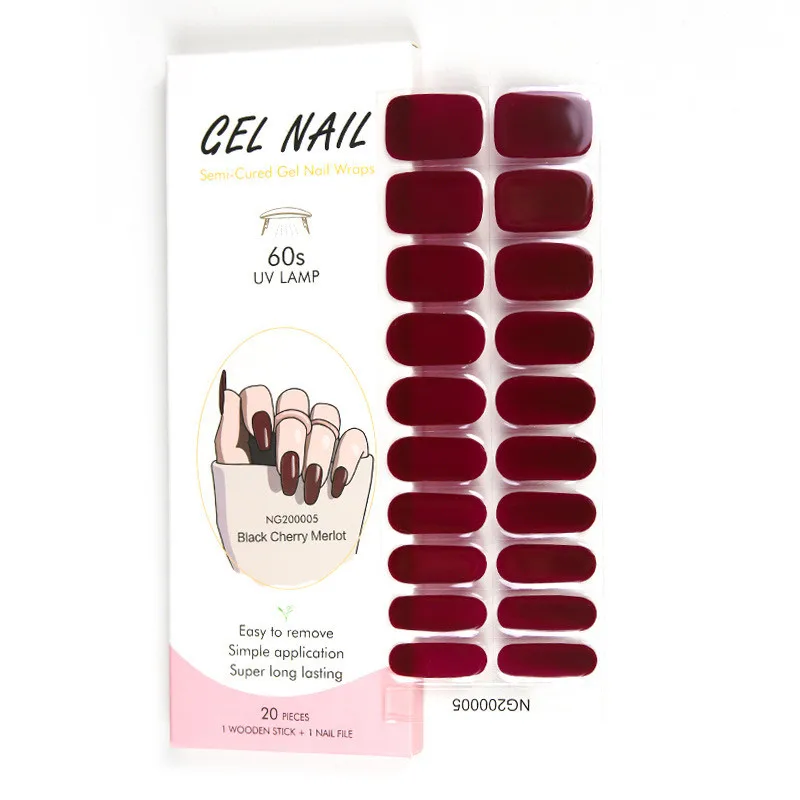 Pegatinas de uñas de Color rojo vino francés, tiras de uñas de Gel semicuradas, parche de lámpara UV, adhesivo curado, cubierta completa, decoración de manicura DIY