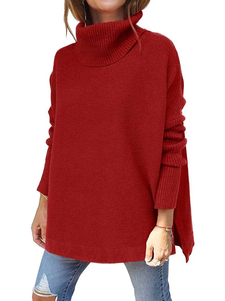 Autumn Winter Women Knitted Long Sweater Loose Oversized Turtleneck Batwing Sleeve Tunic Pullover Tops Jumpers