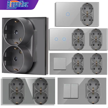 Bingoelec Touch/Button Switch EU Double Wall Socket Dual Electrical Outlets Plug 1/2/3gang Switches Gray Glass Panel