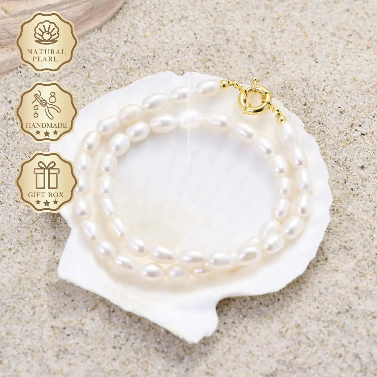 

MYSOYA White Rice Freshwater Pearl Necklace 7–8mm with Gold Toggle Clasp, Gift Box, Birthday & Anniversary Gift