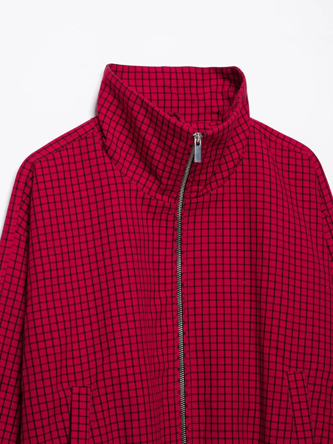HH Damenmode, rote Jacke mit Karomuster, lange Ärmel, Stehkragen, Reißverschluss, lässiger Frühling/Herbst-Mantel, trendige High-Street-Oberbekleidung – Detail 4