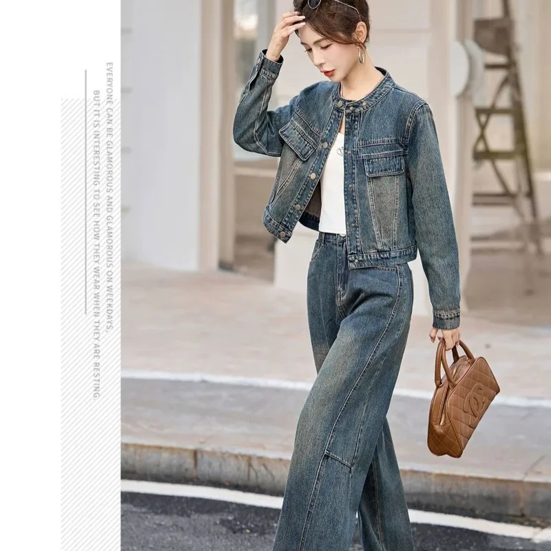 

2026 Spring and Autumn Women's New Retro Old Foreign Style Fashion Denim Suit Age Reduction Jacket Wide Leg Pants Two-piece Set