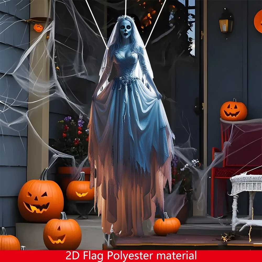 1 Stück Halloween-Skelett-Braut-Hängeflagge – Outdoor-/Indoor-Gothic-Dekoration, gruselige Braut mit Fledermäusen und Jack-O-Lanterns-Design – Detail 4