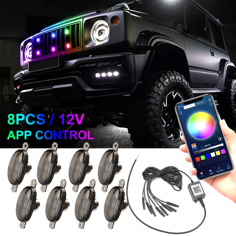 

8PCS Front Grille LED Signal Lamps APP Control RGB Flashing Emergency Light For Jeep Cherokee Off-Road 12V External Grill Lamps