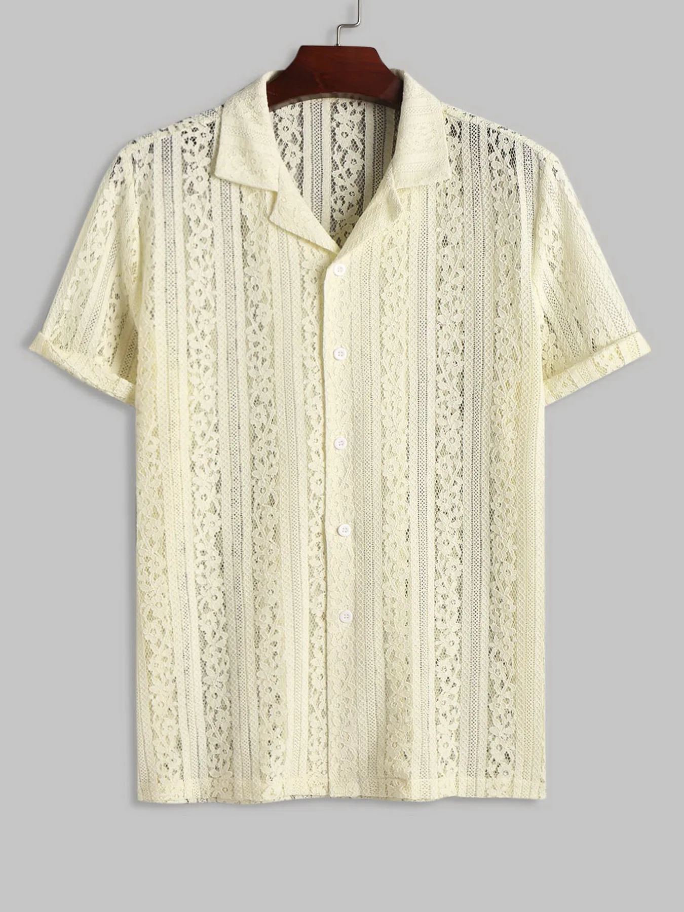 ZAFUL 남성용 시스루 레이스 디자인 반팔 셔츠, 레이스 클럽 셔츠, 오픈 워크 파티 의상, 리버스 칼라 포인텔 니트 2024