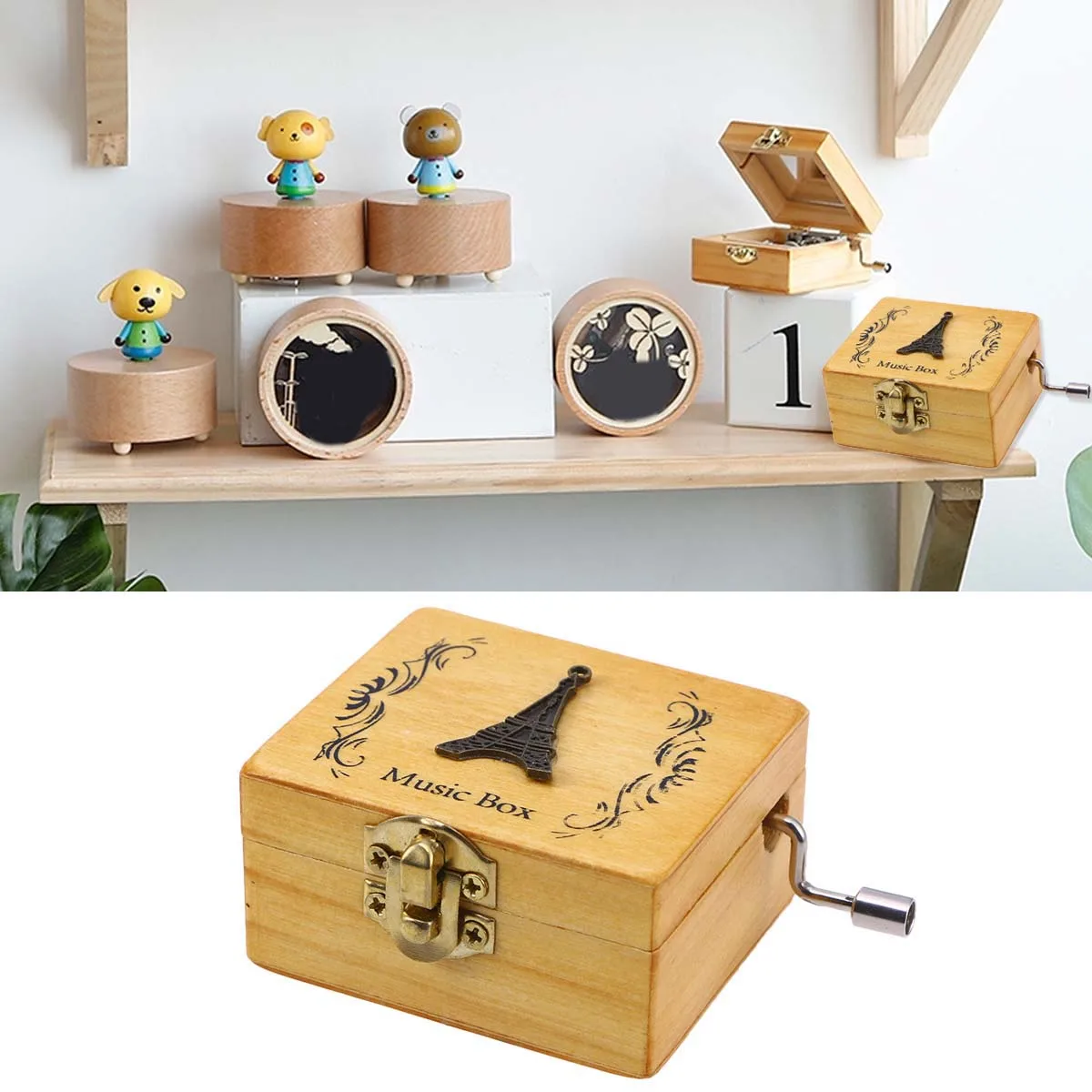 

Eiffel Tower Pattern Handmade Wind Up Music Box for Girl Birthday Valentine's Day Christmas Decoration Wooden Mechanical Melody