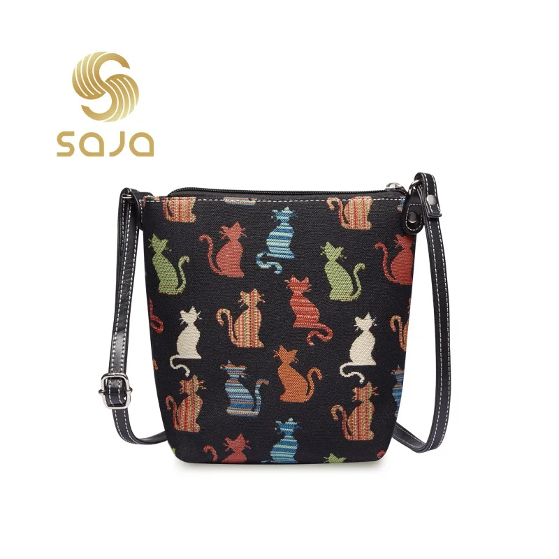 SAJA Vintage Shoulder bag Crossboby Female bag for Women Cat Animal patternLeisure Travel bag Purse handbags Ladies Daily Pouch