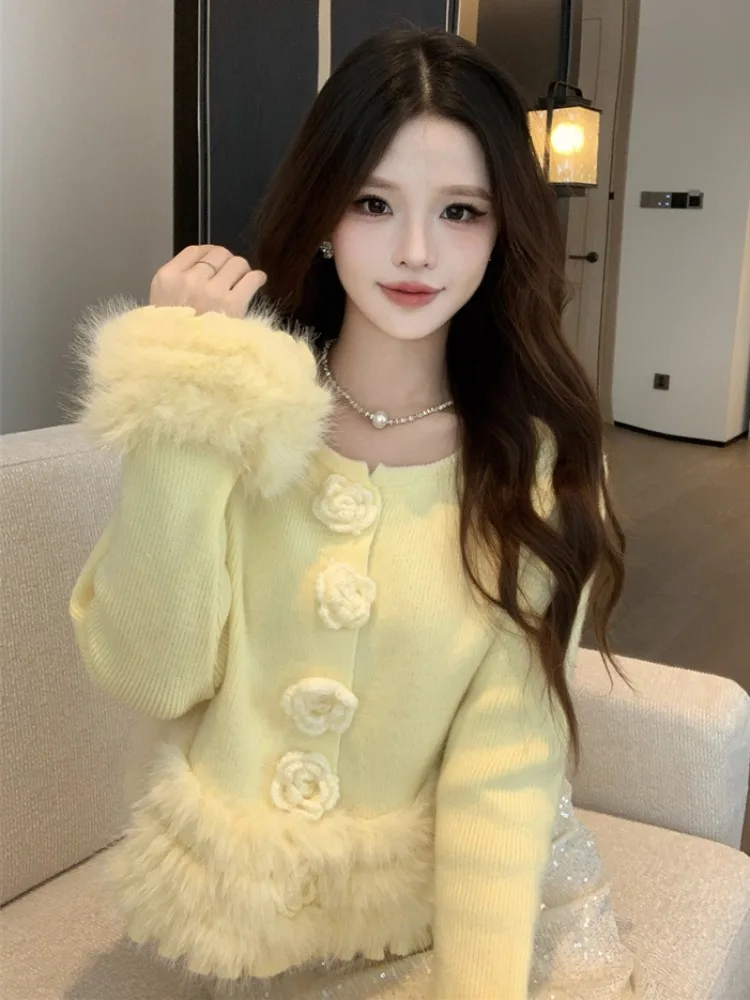 

Korean Style Long Sleeve round Neck Furry Open Cardigan Sweater Single Button Slimming Top Versatile Fashion City Walk Friendly