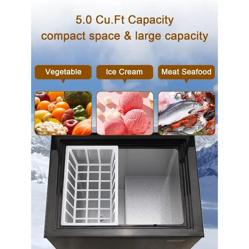 Chest Freezer KRIB BLING 5.0 cu.ft Mini Adjustable 7 Thermostat Compact Deep Freezer Top Door Low Noise with Removable Basket