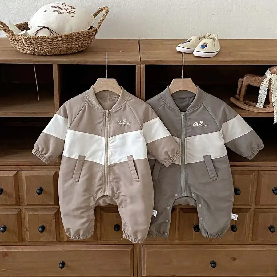 

Autumn and Winter Baby Boy Stitched Trench Coat Long Sleeve Jumpsuit, Baby Boy Fashion Korean Zipper Long Sleeve Jumpsuit, Very