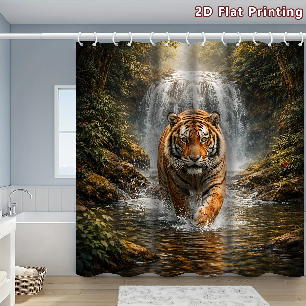 Jungle Wildlife Shower Curtain,Powerful Tiger Wading River Against Forest Waterfall Scenery,Decor Curtain to Brighten Bath Space