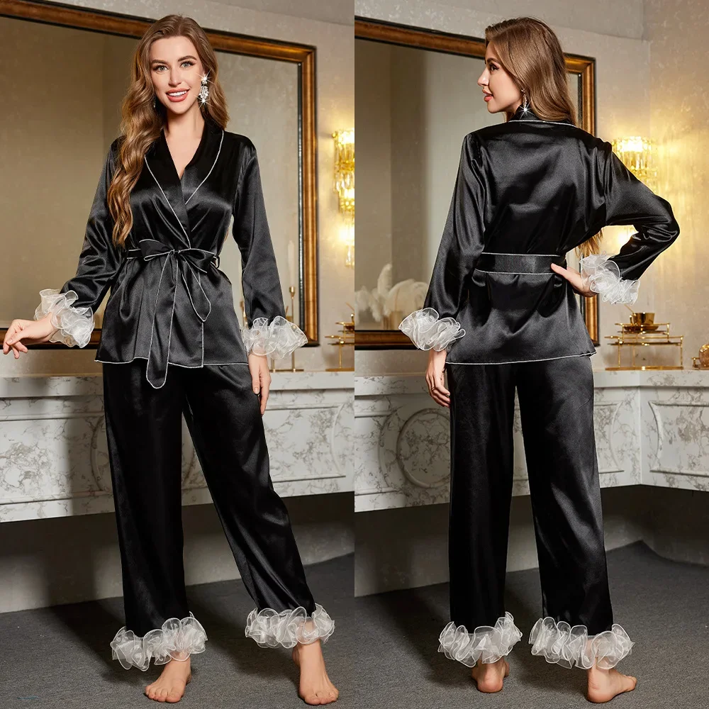 

Роскошный пижамный комплект с отделкой из органзы, 2 предмета, ночная рубашка, женская домашняя одежда, атласное кимоно, топ и брюки, летняя весенняя домашняя одежда, женская ночная рубашка