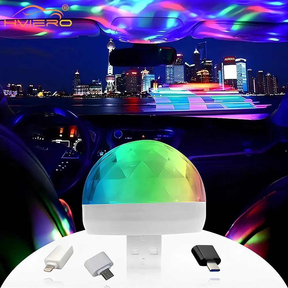 Mini lámpara de ambiente de Karaoke para coche, luz láser de bola de 5V, USB, DJ, RGB, sonido de música colorido, LED, USB-C, IOS, fiesta de vacaciones, bienvenida, 1 unidad