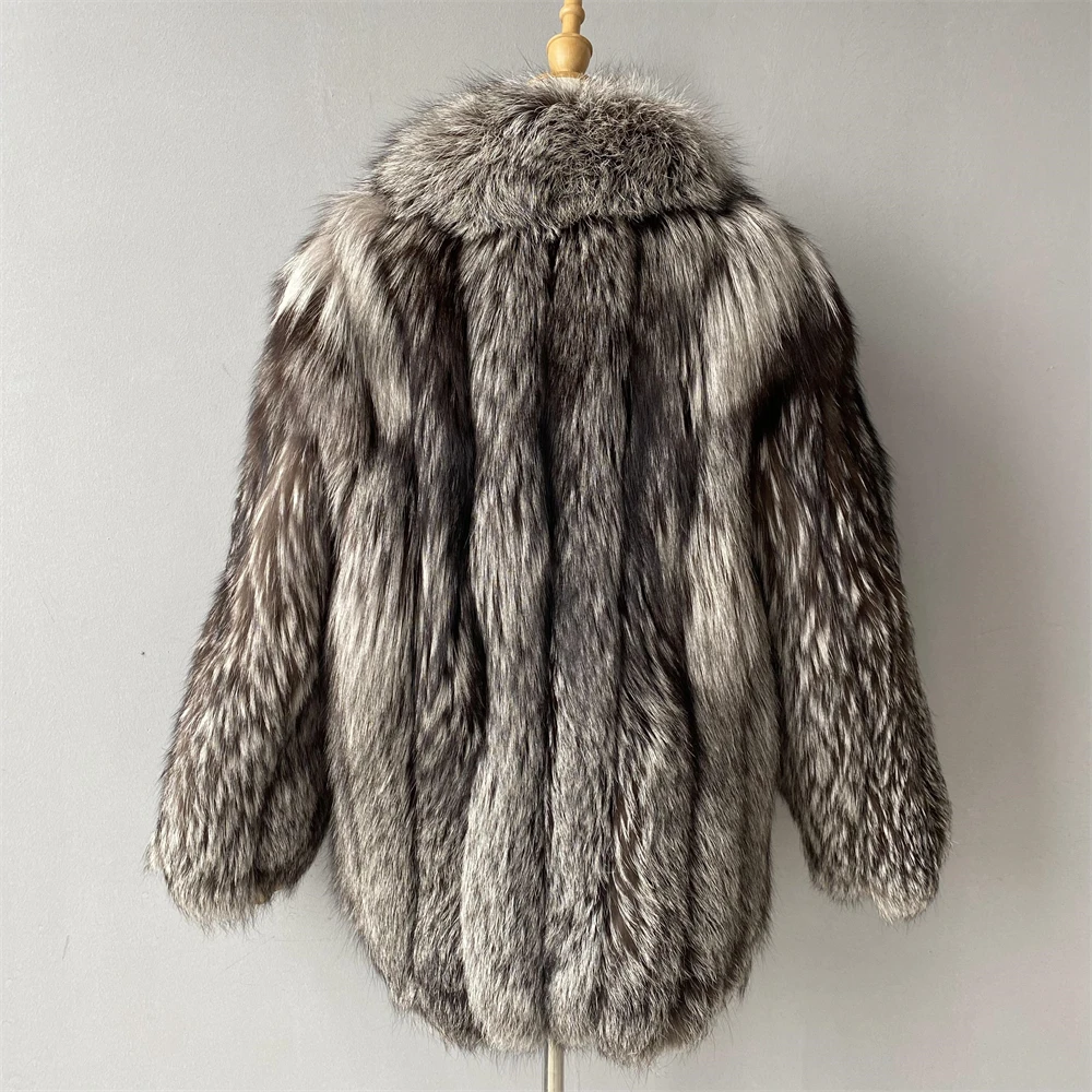 Jaxmonoy Real Fox Fur Coat for Women Luxury Design Natural Silver Fox Fur Coat Ladies Warm Winter Jacket 2025 New in Outerwear