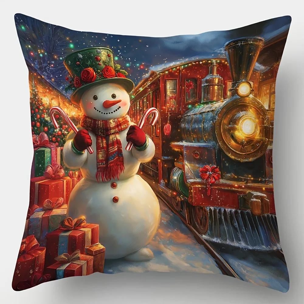 Home Decoration: Christmas Character Cushion Covers With Train And Gift Patterns For Sofa, Bedroom, Car, Pillow Covers