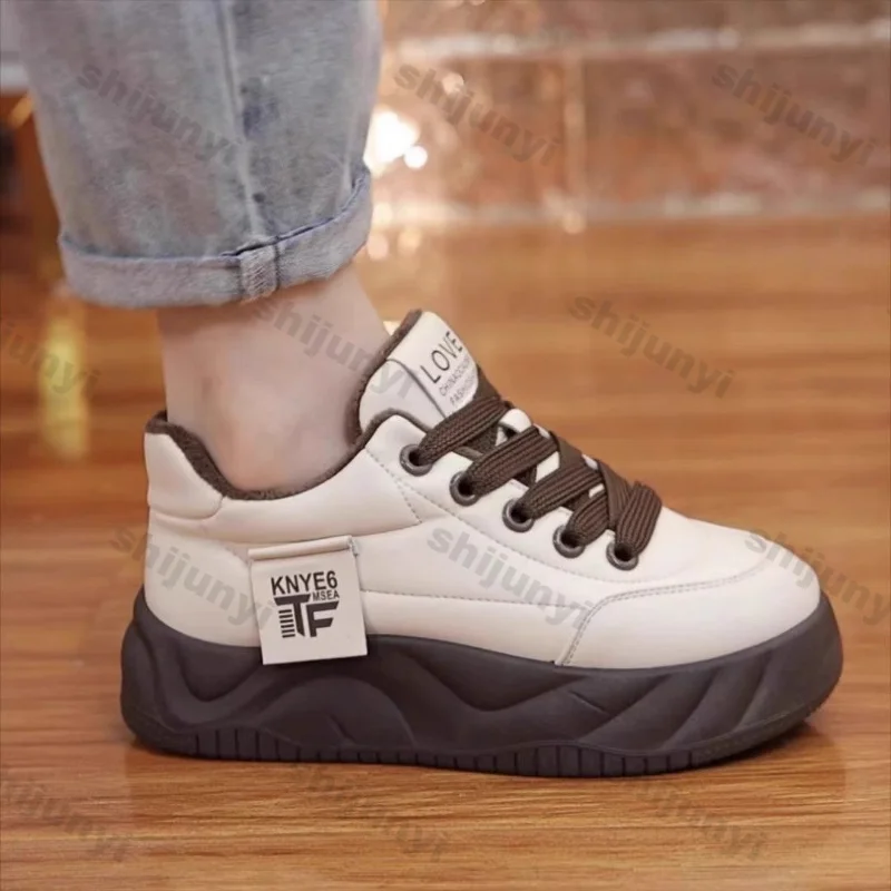 Women Fashion Thick Soled Lace Up Sneakers Winter New Casual Soft Soled Walking Cotton Shoes Woman Lightweight Non Slip Sneakers