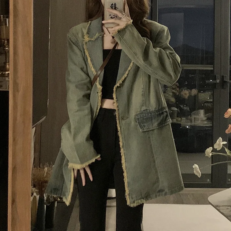 

Женская Свободная джинсовая куртка с воротником для костюма, американский стиль, винтажное пальто, уникальное, модное, для меньшинств, Корейская версия, весна и