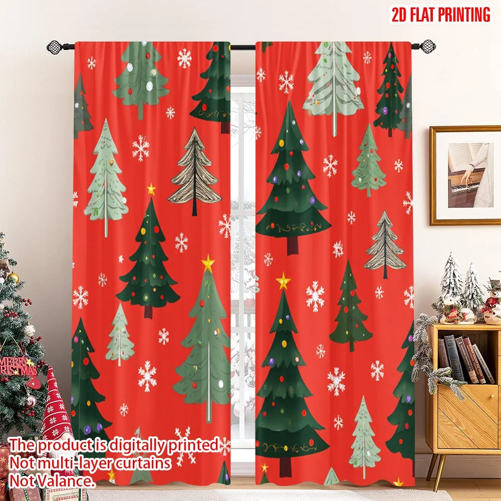 

2pcs 2D flat printing Christmas Window Curtains Christmas Trees Snowflakes Festive Polyester Without Electricity Festive Wall
