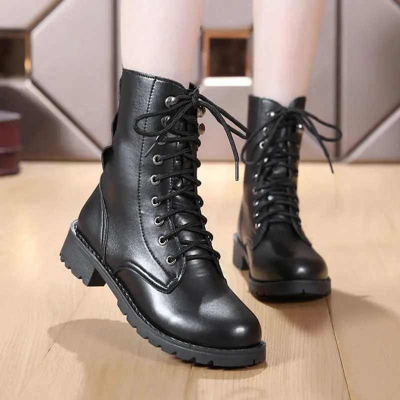 New Buckle Winter Motorcycle Boots Women British Style Ankle Boots Gothic Punk Low Heel ankle Boot Women Shoe Plus Size iok8