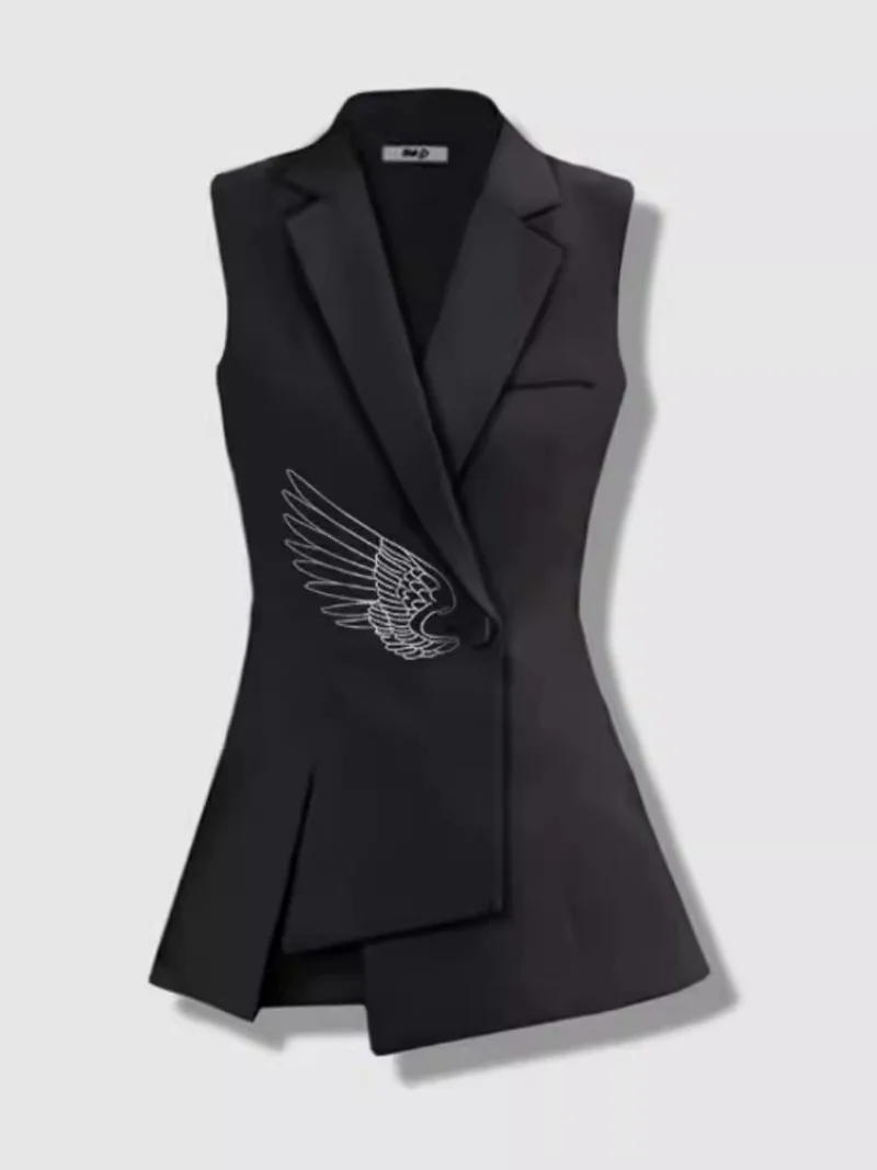 

Женский асимметричный жилет-блейзер без рукавов, коллекция Весна-Лето 2026 | Принтованная многослойная верхняя одежда с завышенной талией (W2374)