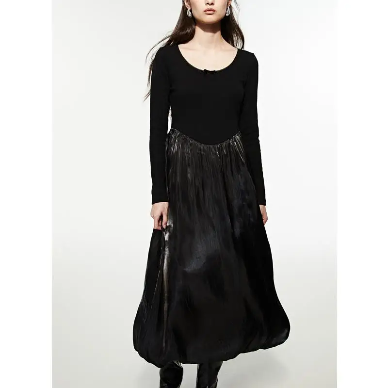 فستان نسائي طويل جديد للشتاء بتصميم A-line، ياقة مربعة، تنورة واسعة، أكمام طويلة، خصر مرتفع، نمط عملي، مصنوع من ألياف البوليس...