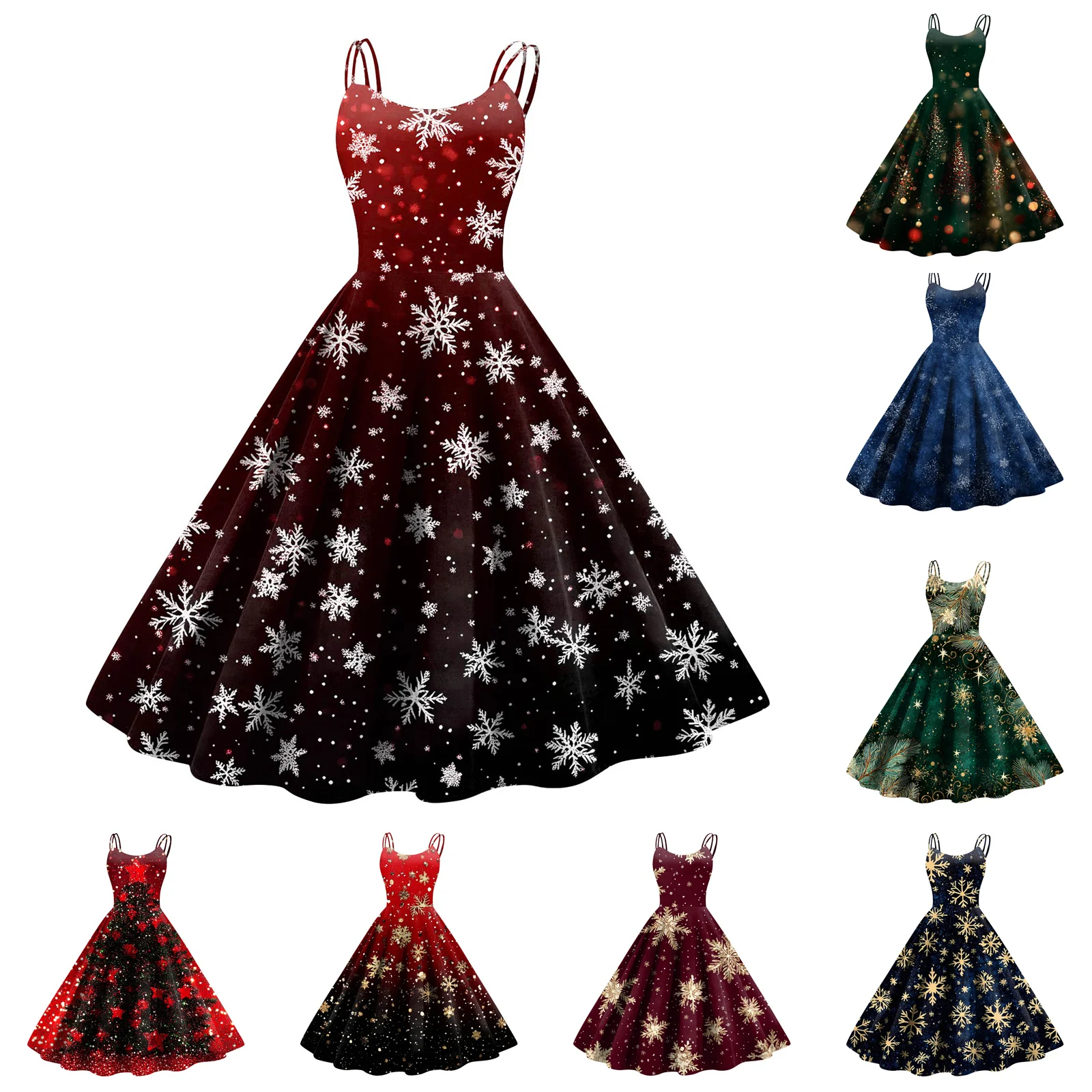 Women'S Christmas Suspender Dresses Christmas Tree Print Glitter Decoration Large Swing Style Holiday Wear Gorgeous Eye-Catching