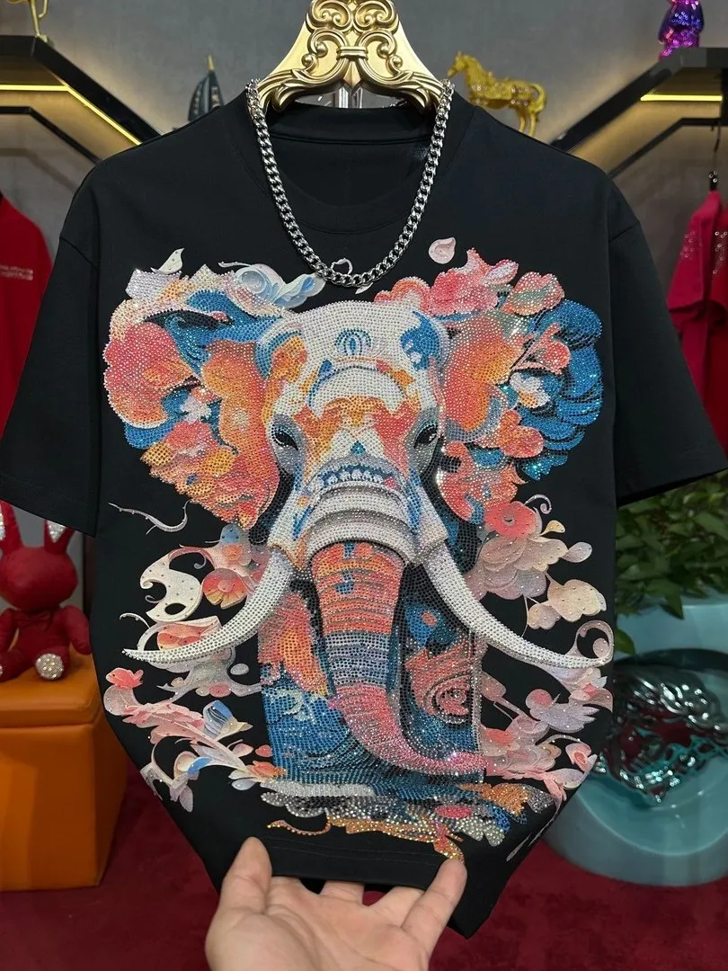 

Роскошная футболка с коротким рукавом и стразами в виде слона, круглый вырез, плотная строчка, универсальный топ, новинка весенней коллекции, молодежная мода