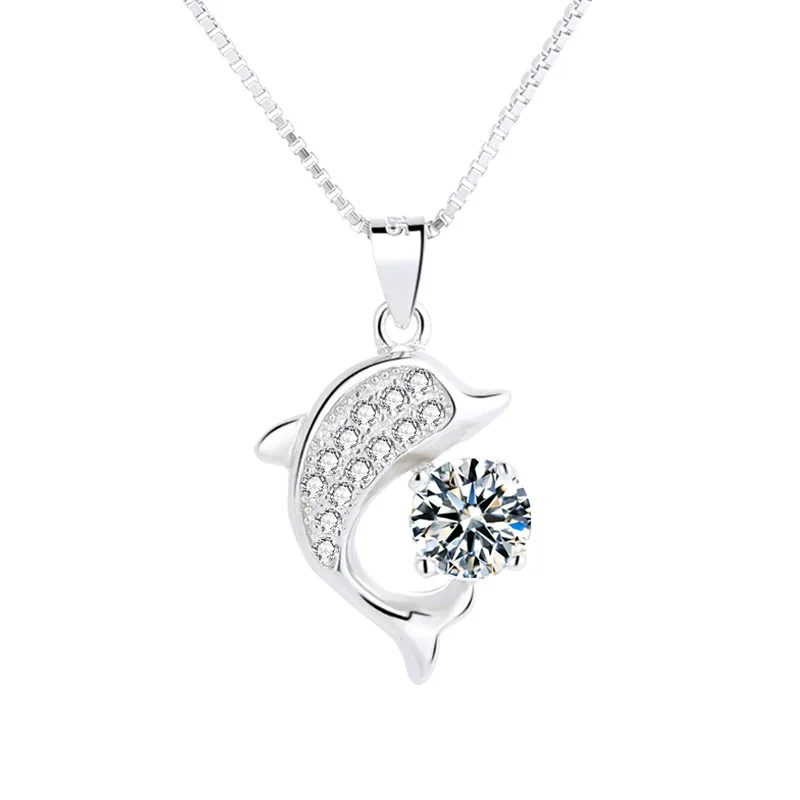 

S925 Plated Sterling Silver Dolphin Love Pendant Cute Jewelry Necklace