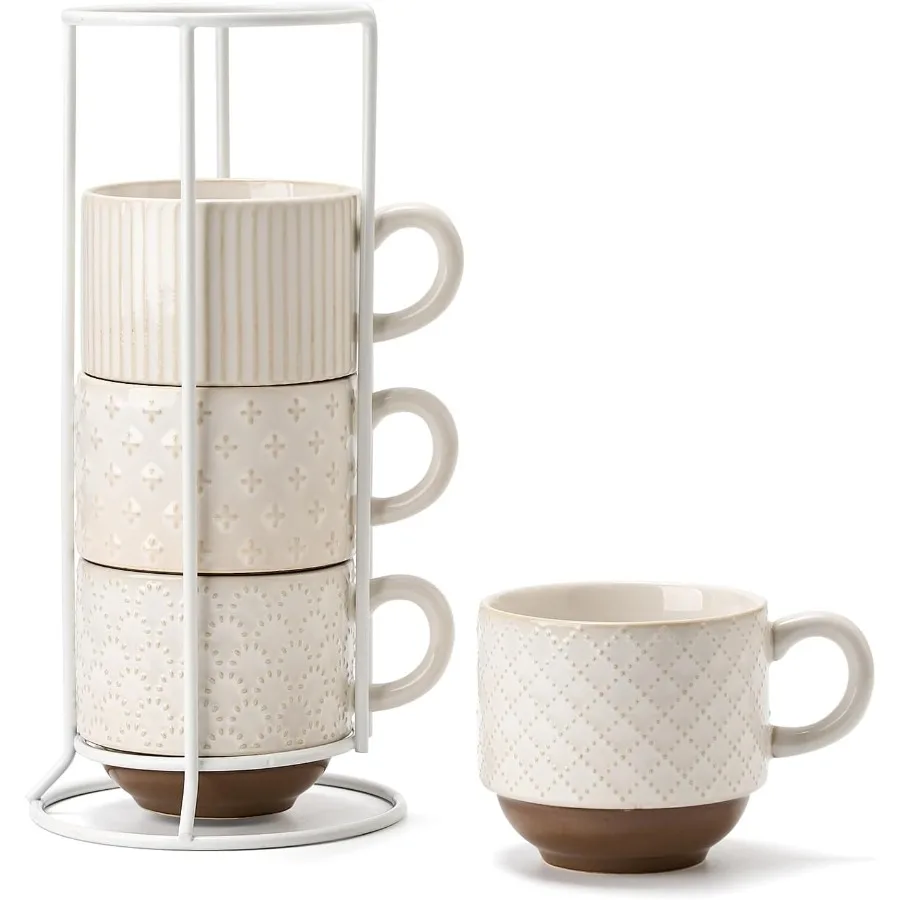 

Large Ceramic Coffee Mug Set of 4 with Stand 15 Oz Stackable Different Embossment Ribbed Latte Cup Set for Cappuccino Tea Hot C