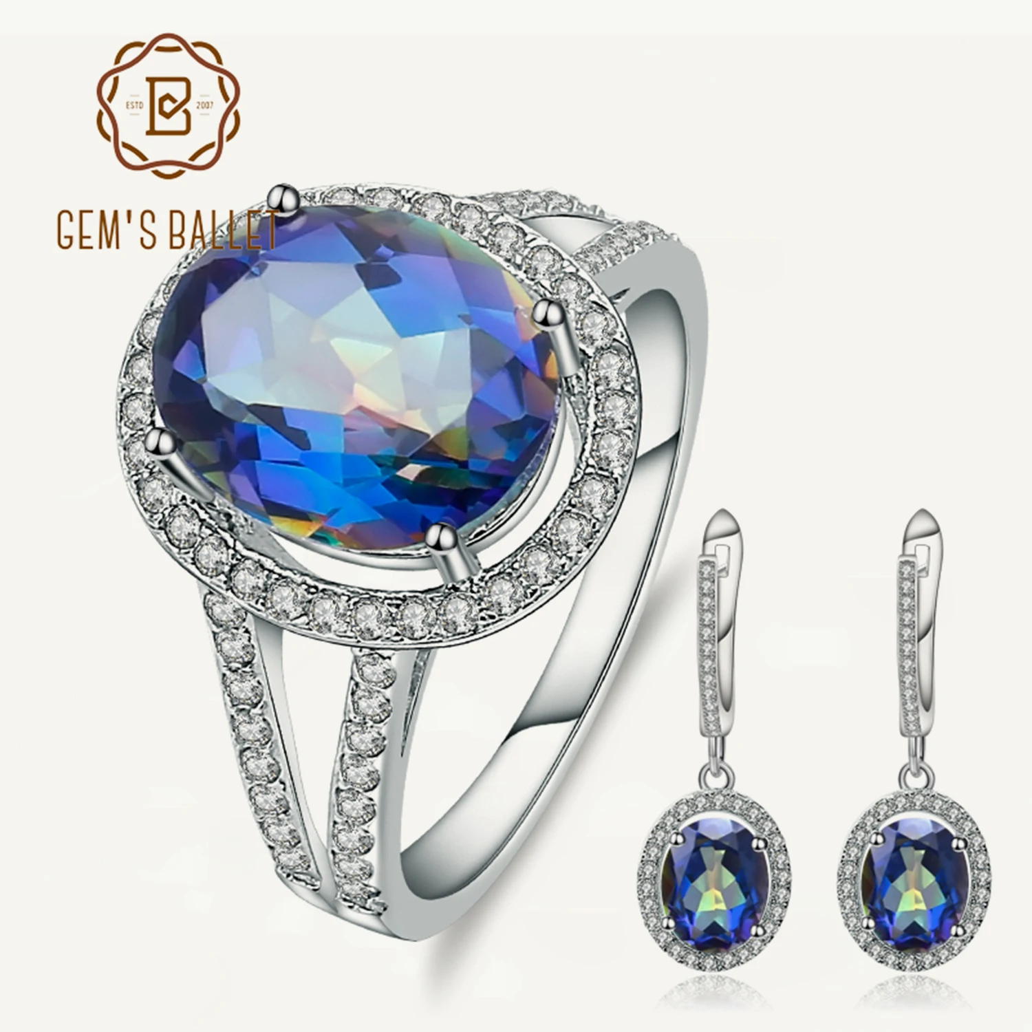 

GEM'S BALLET Hot 8.05Ct Oval Natural Mystic Quartz Design Jewelry Set Popular 925 Sterling Silver Earrings Ring Set For Women