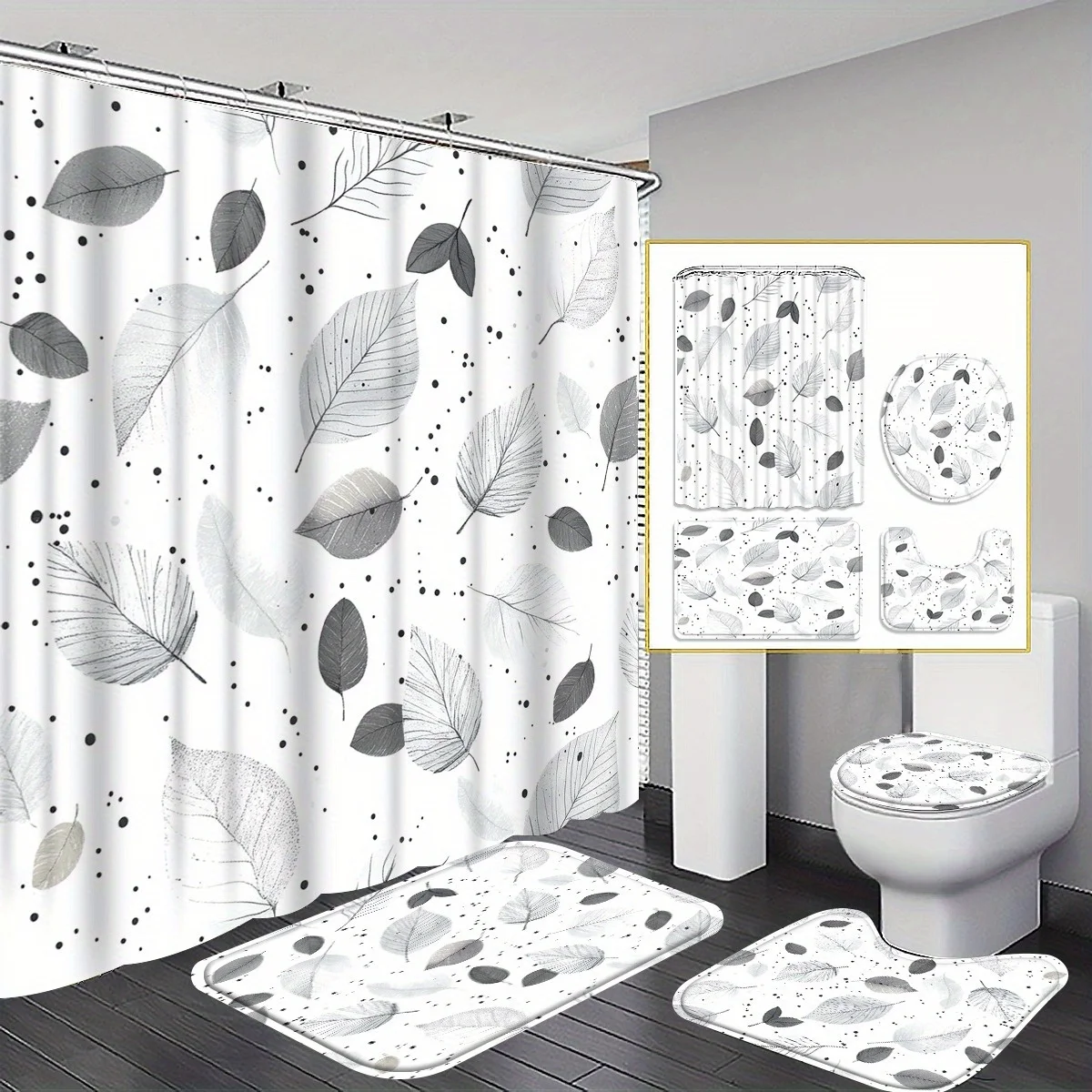 Minimalist Black and White Leaf Bathroom Set - 4 Pieces: Shower Curtain + Rug + Toilet Seat Cover, U-Shaped Mat