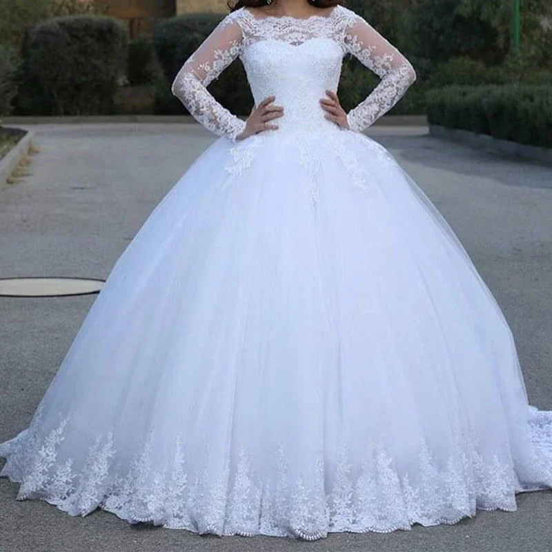 Lace Applique Long-sleeved Wedding Dress with Embroidery Lace Back Wedding Dress Bridal Dress Can Be Customized Color