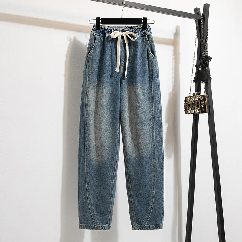 Pantalones vaqueros nuevos para mujer, diseño de correa de cintura elástica, talla grande, estilo primavera otoño, holgados, ajustados, pantalones vaqueros azules, cintura alta Retro