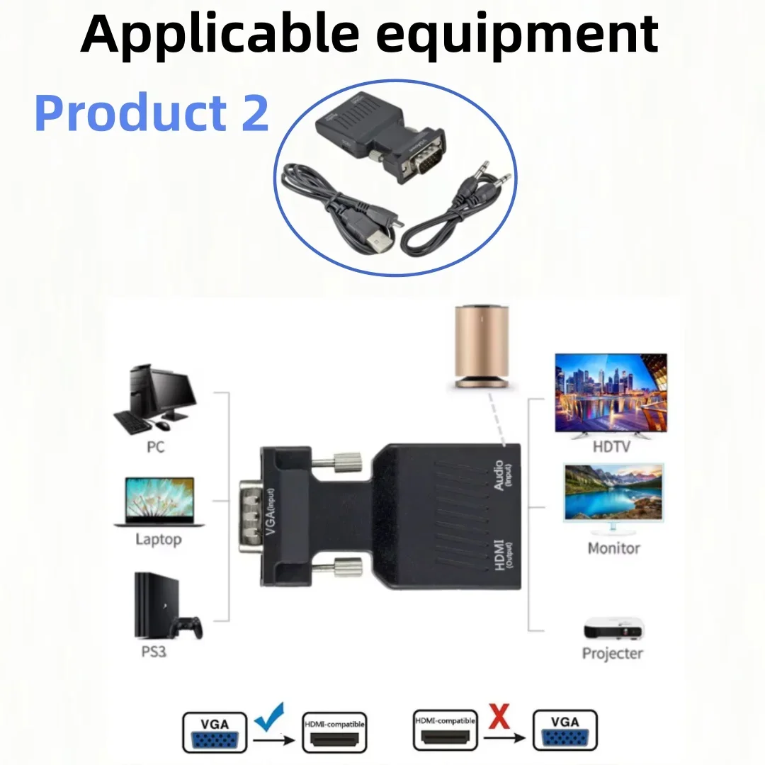 1080P VGA to HDMI-compatible Converter with USe Pouer   3. 5mm Audio Cable  One-way Analog Digital Video Adapter for PC Laptop