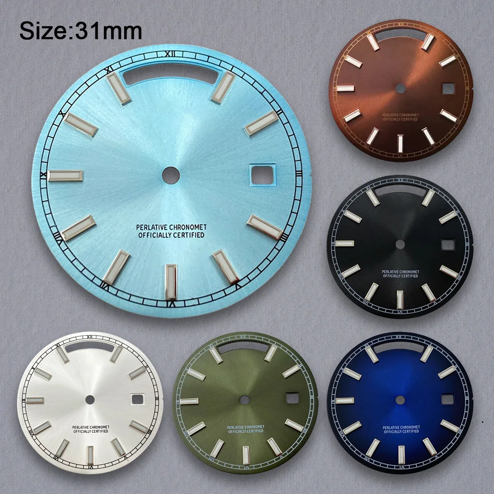 

31mm S Logo Dial Day And Date Arab Sunray Dial Suitable For 8285 Movement Green Luminous Watch Modification Accessories