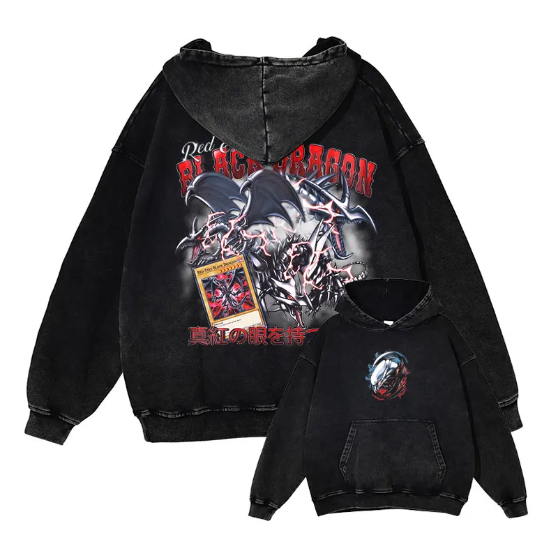 Yu Gi Oh sudaderas con capucha ojos azules estampado de dragón Vintage lavado sudaderas con capucha jersey de gran tamaño Manga Anime Sudadera con capucha hombres algodón