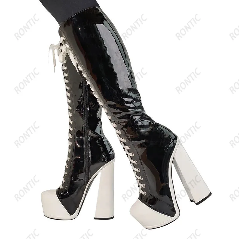 Rontic Women Winter Knee Boots Side Zipper Shiny Boots Hoof High Heels Round Toe Pretty Black Red Green Club Shoes US Size 5-20