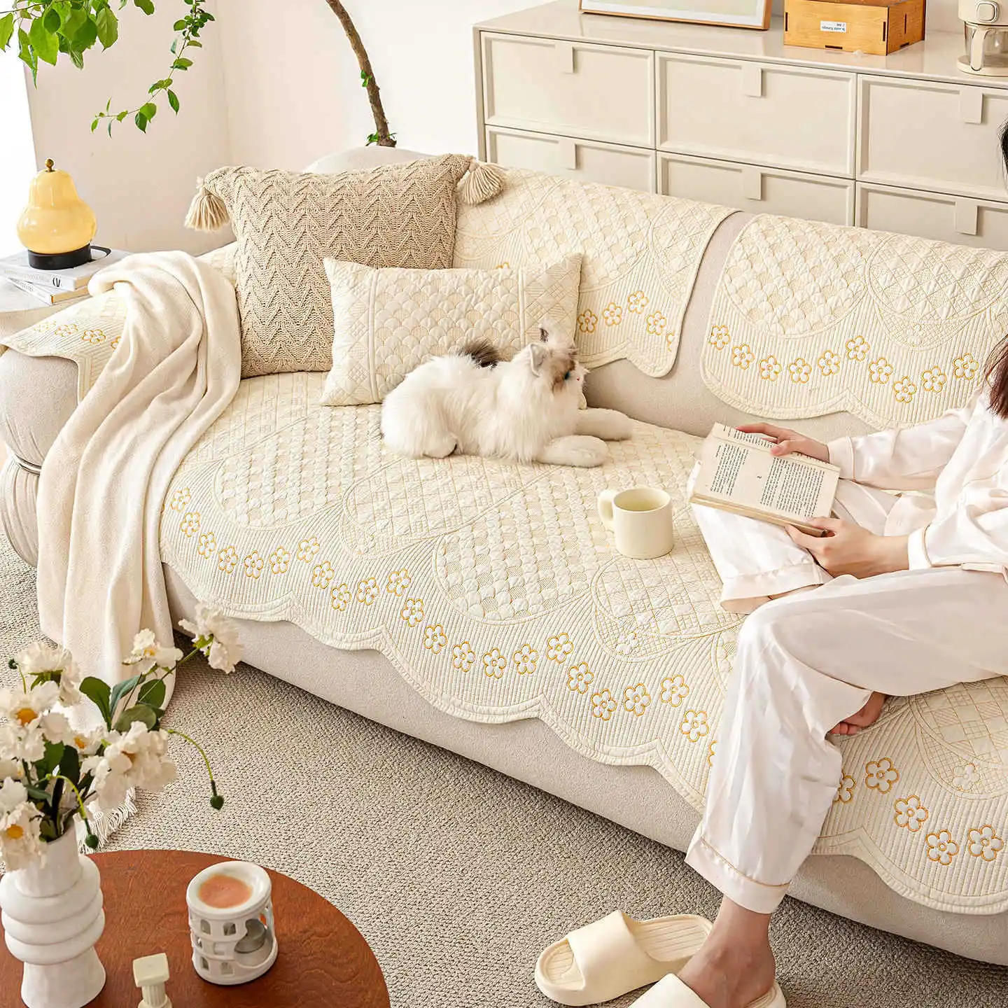 Washable Cotton Irregular-Shaped Sofa Cushion Floral Embroidered Non-Slip Couch Sofa Cover Furniture Dust Protection Slipcovers