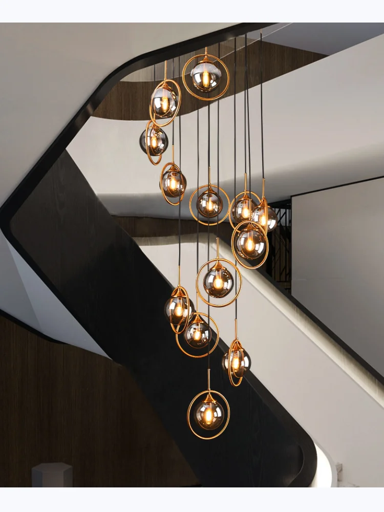 Free shipping Modern Glass Ball Chandelier Nordic Retro Long Staircase Pendant Lamp for Living Room Home Decor Lighting Fixtures